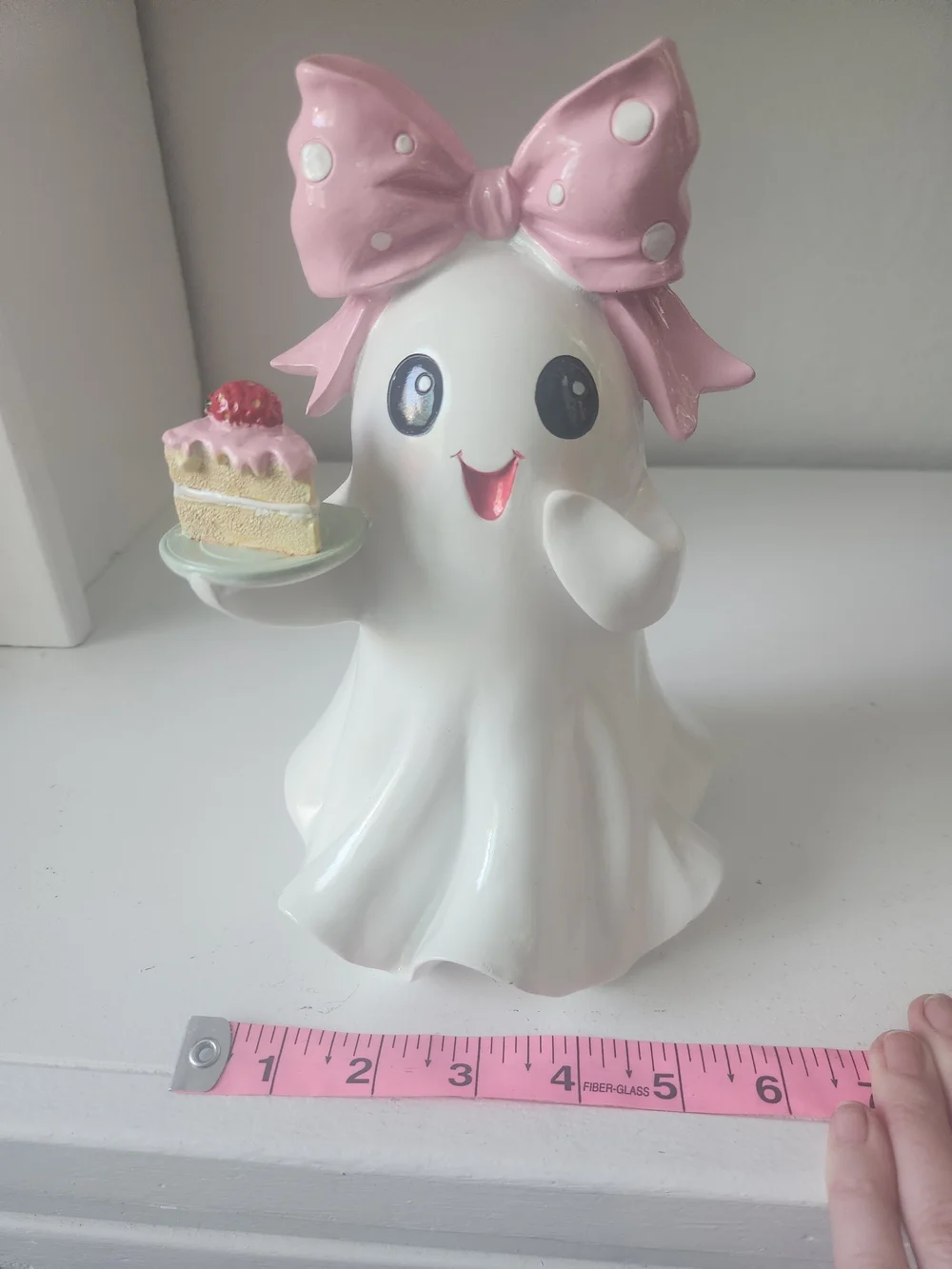 Cute Ceramic Ghost Figurine with Pink Polka Dot Bow and Cake With Strawberry